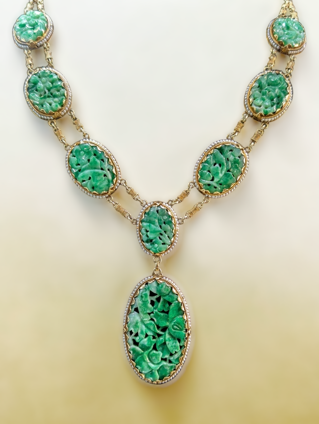 Antique Jadeite Jade and Seed Pearl Pendant Necklace