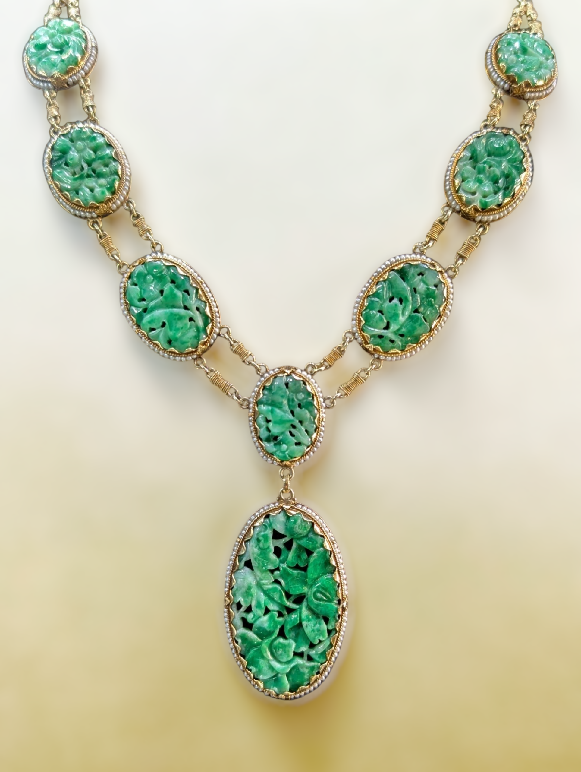Antique Jadeite Jade and Seed Pearl Pendant Necklace