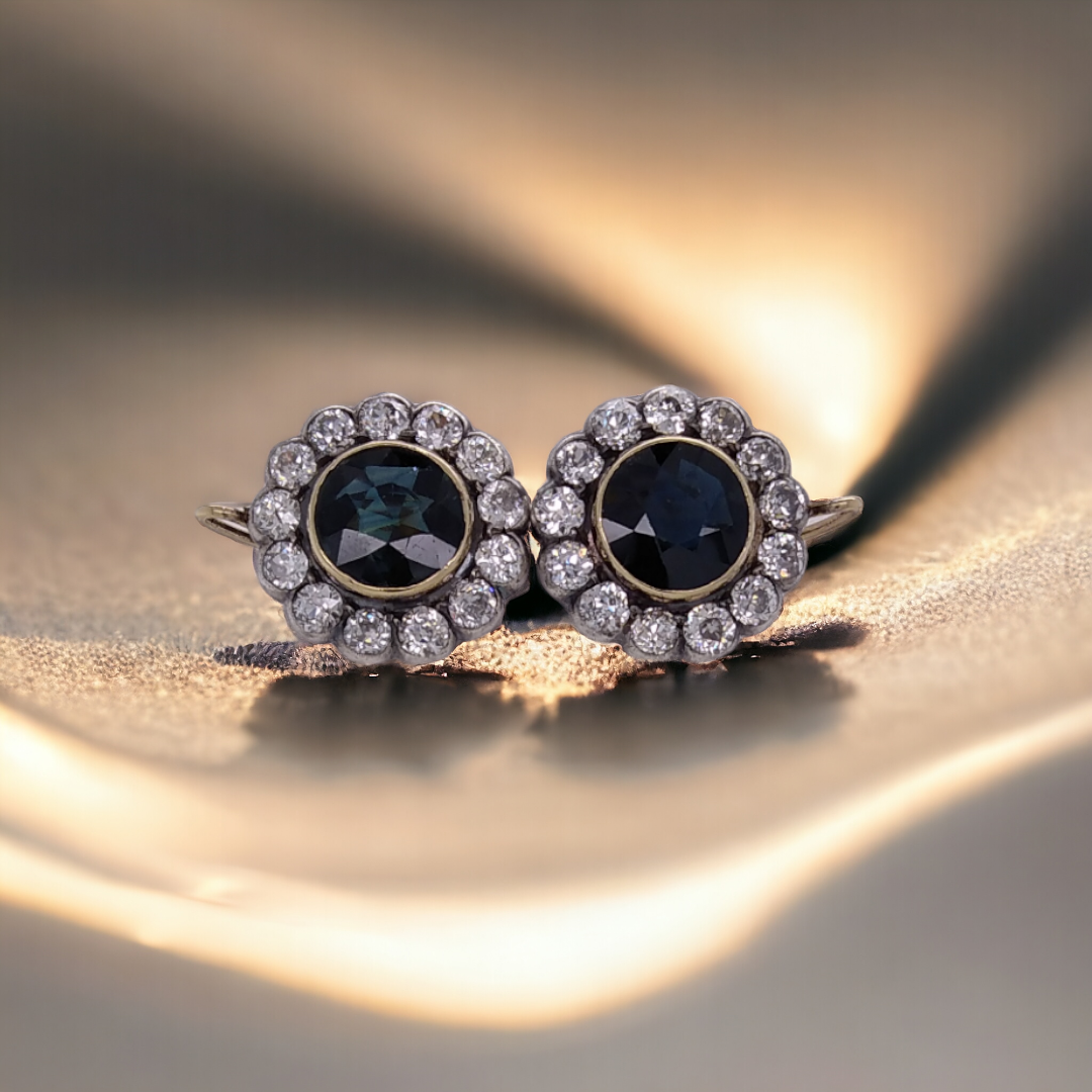 Antique 1900s Sapphire and Old European Cut Diamond Earrings