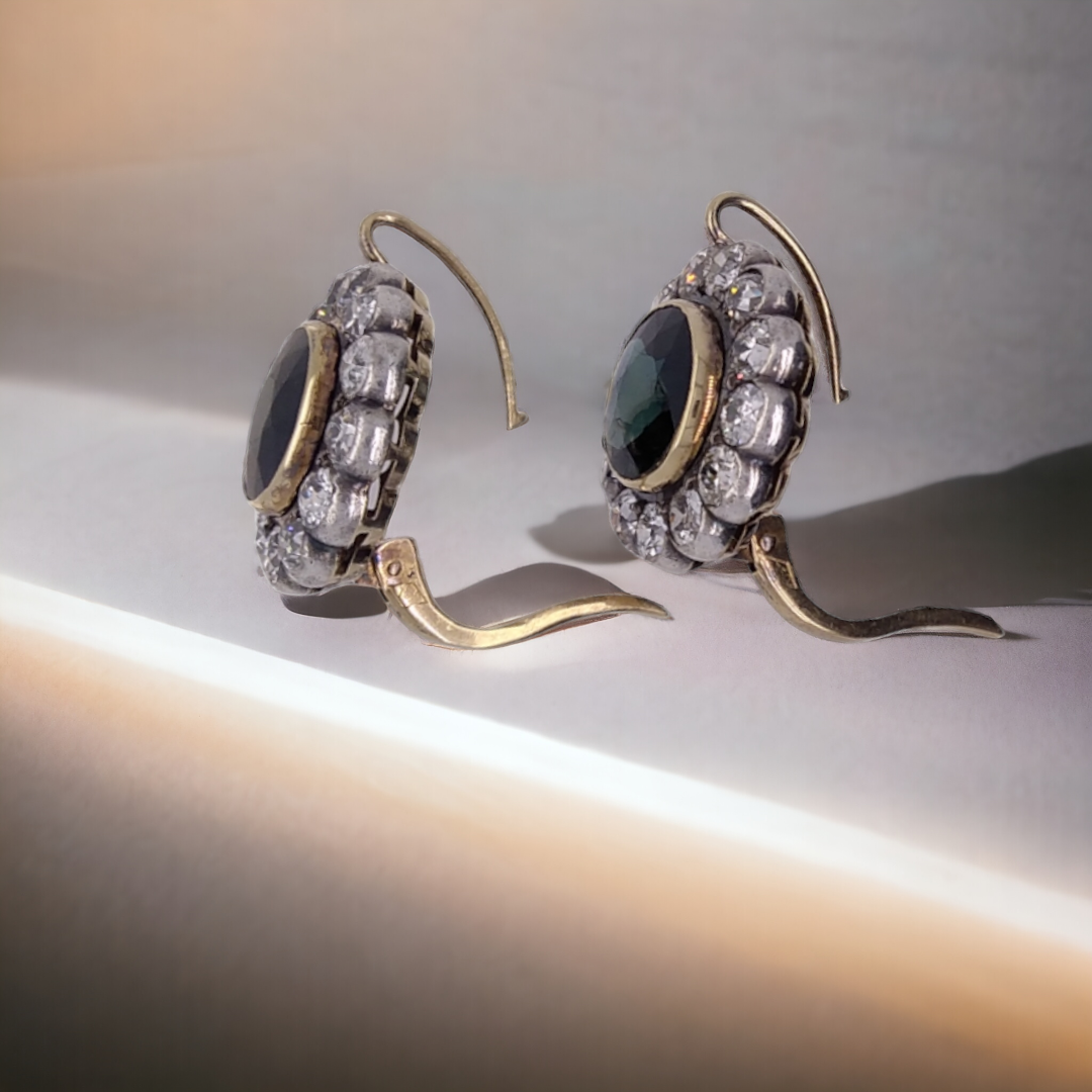 Edwardian 18ct Gold, Diamond & Sapphire Cluster Earrings