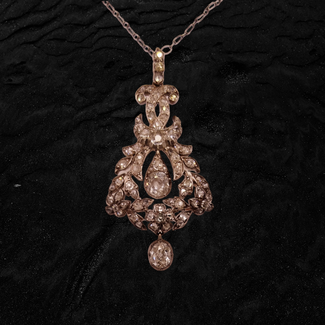 Antique 19th Century Old Mine Cut Diamond and Rose Cut Diamond Floral Pendant