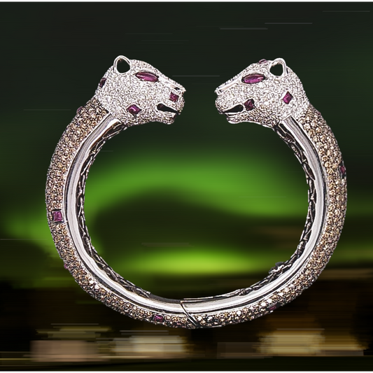 Bold 18ct White Gold, Ruby & Diamond Leopard Cuff Bracelet