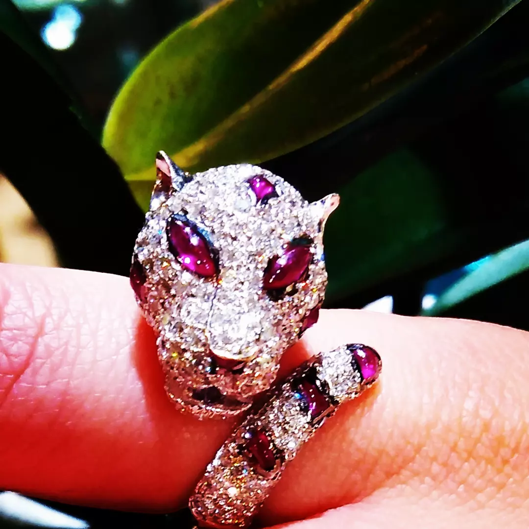 18ct White Gold, Ruby & Diamond Leopard Ring