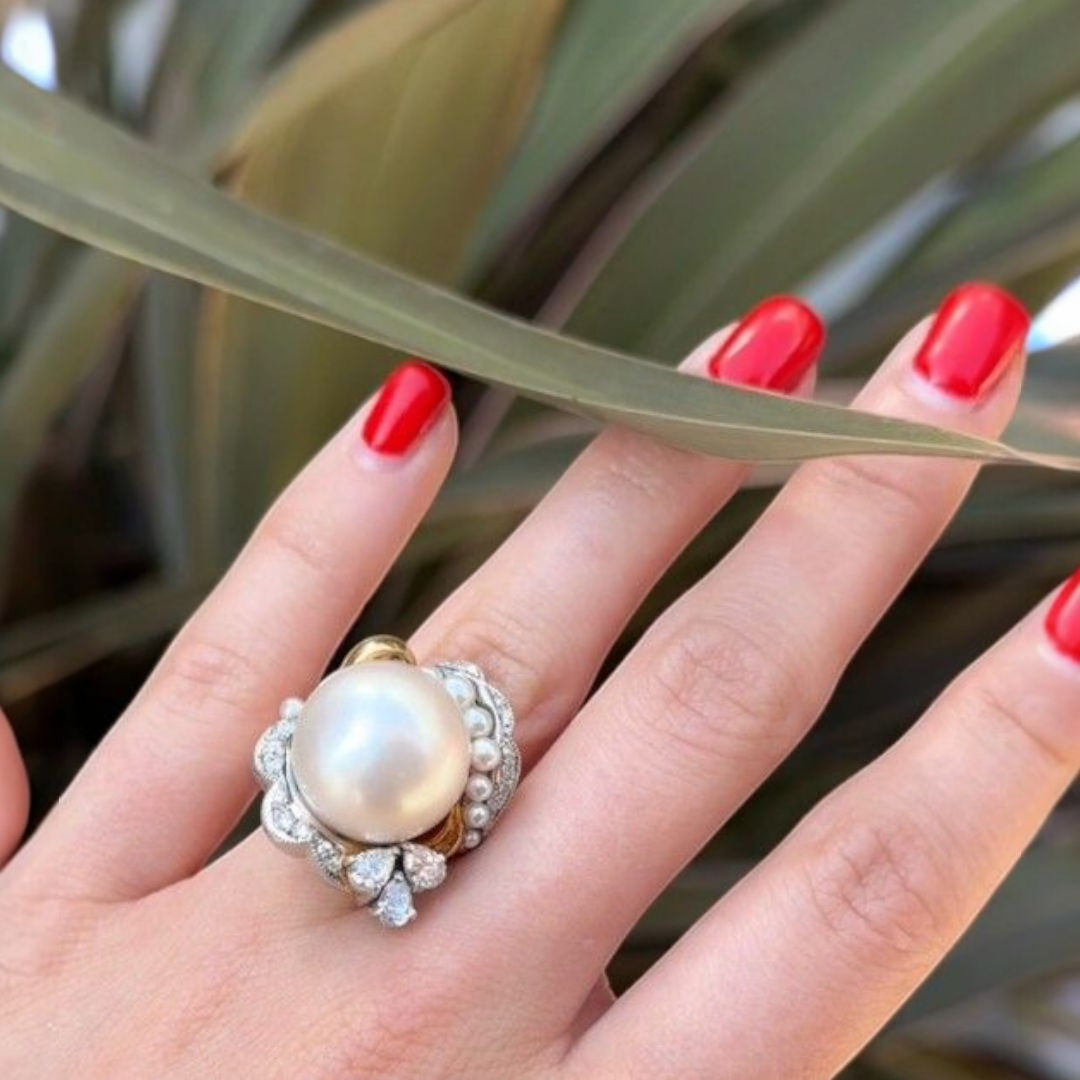 South Sea Pearl and Diamond Ring in 18ct Yellow Gold and Platinum