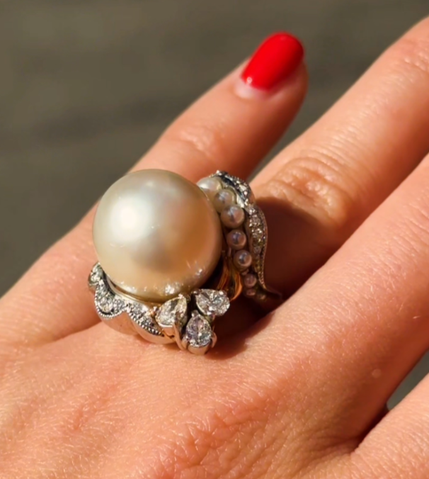 South Sea Pearl and Diamond Ring in 18ct Yellow Gold and Platinum