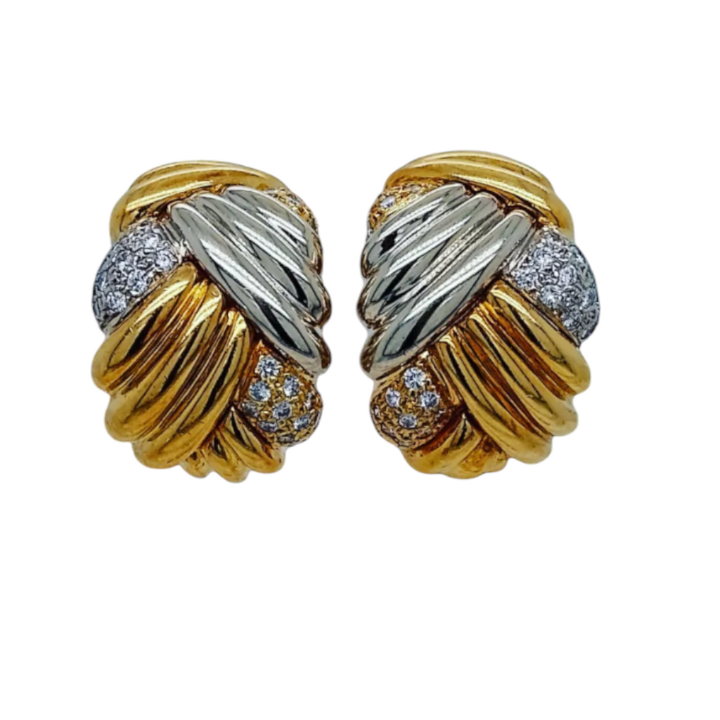 Vintage Italian "Milano Piero" in Two Tone 18ct Gold and Diamond Woven Earrings