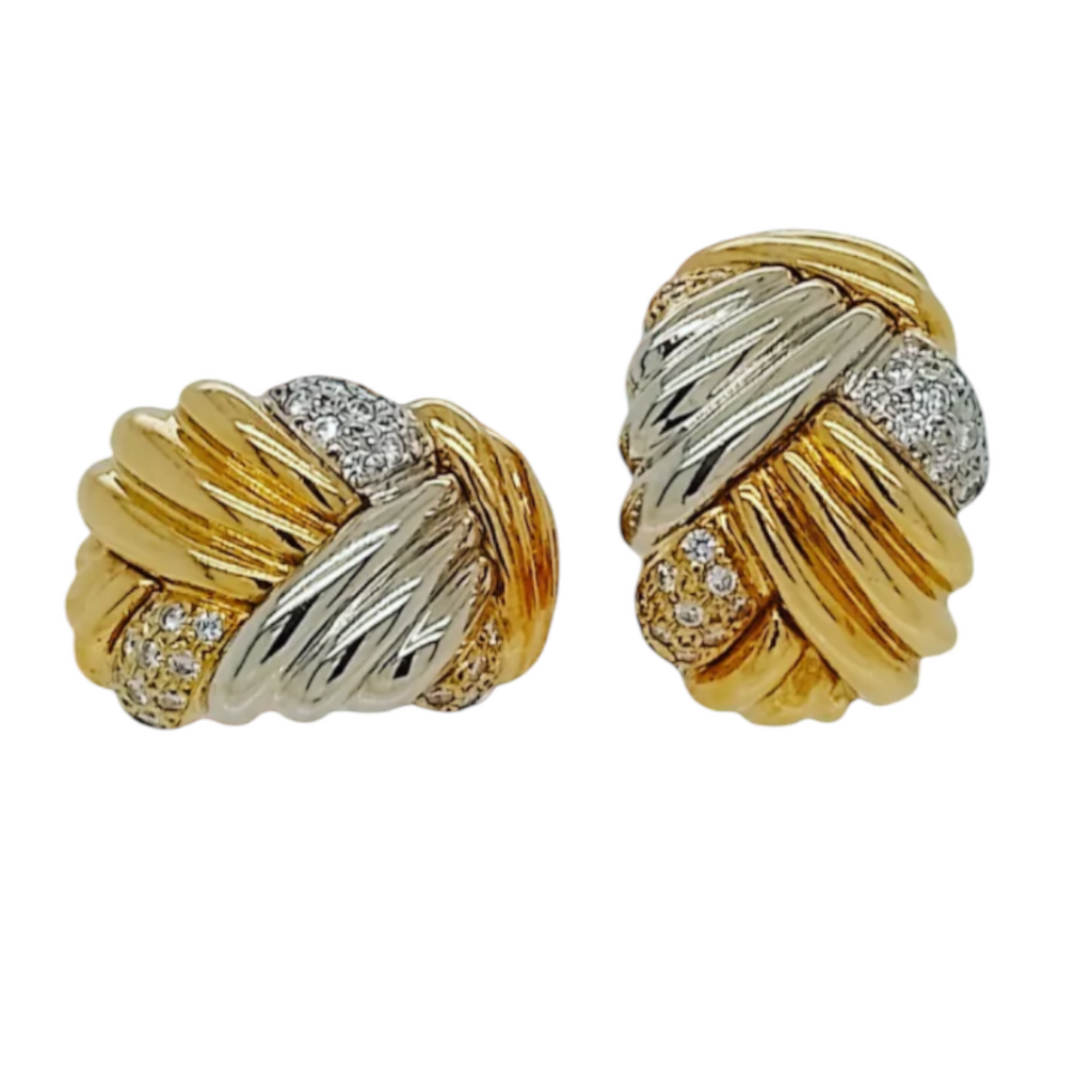 Vintage Italian "Milano Piero" in Two Tone 18ct Gold and Diamond Woven Earrings
