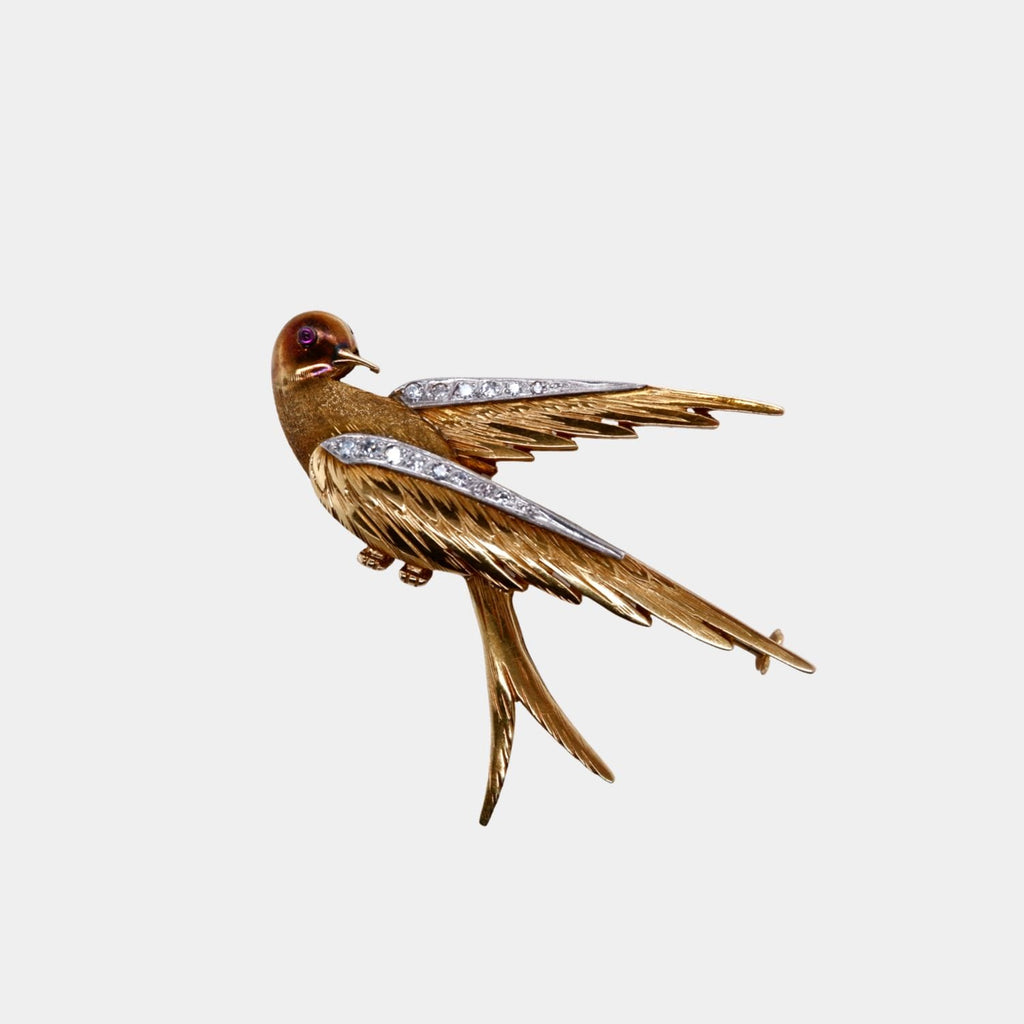 Vintage 18ct Gold Bird Brooch with Ruby and Diamond Eyes