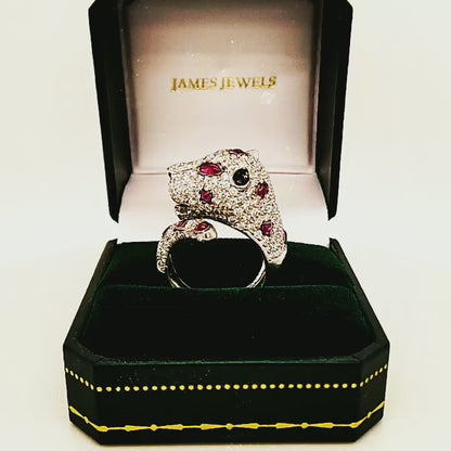 18ct White Gold, Ruby & Diamond Leopard Ring