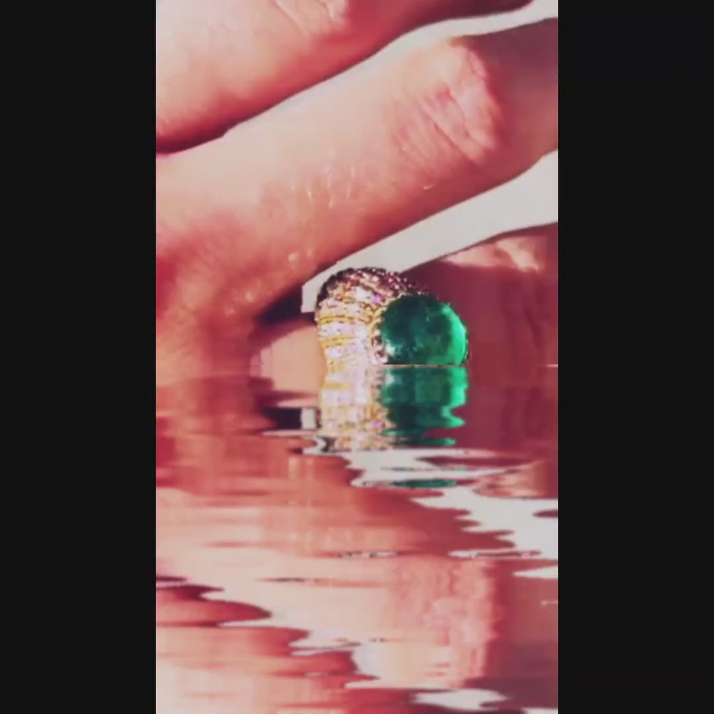 Vintage 1960s Cabochon Emerald and Diamond Ring