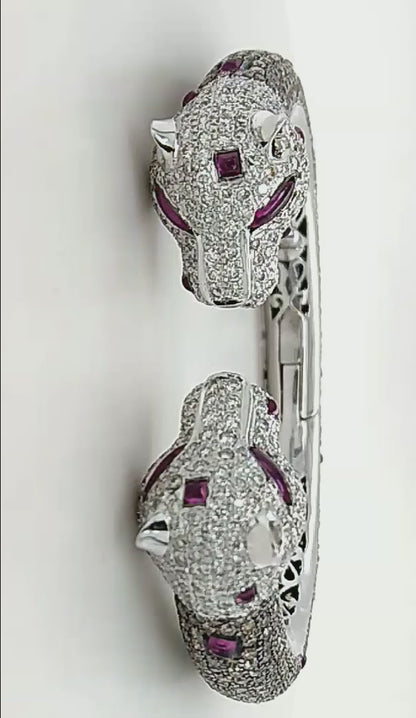 Bold 18ct White Gold, Ruby & Diamond Leopard Cuff Bracelet