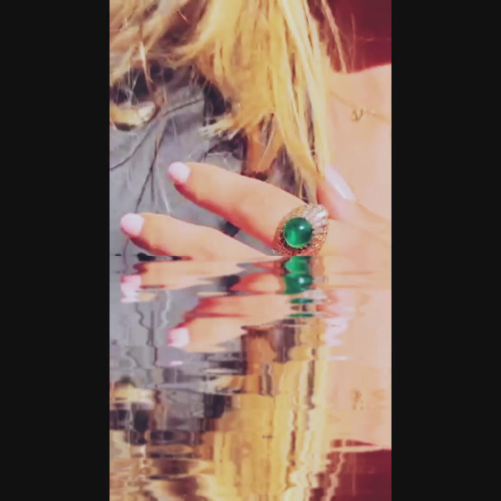 Vintage 1960s Cabochon Emerald and Diamond Ring