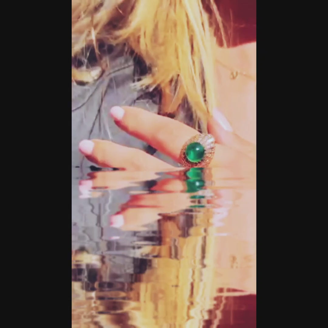 Vintage 1960s Cabochon Emerald and Diamond Ring