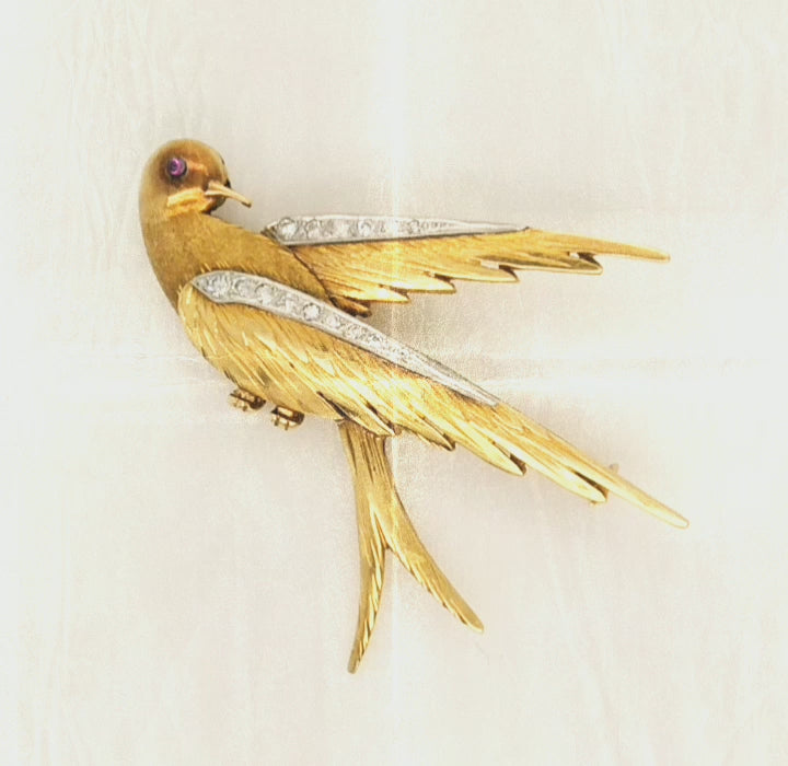 Vintage 18ct Gold Bird Brooch with Ruby and Diamond Eyes