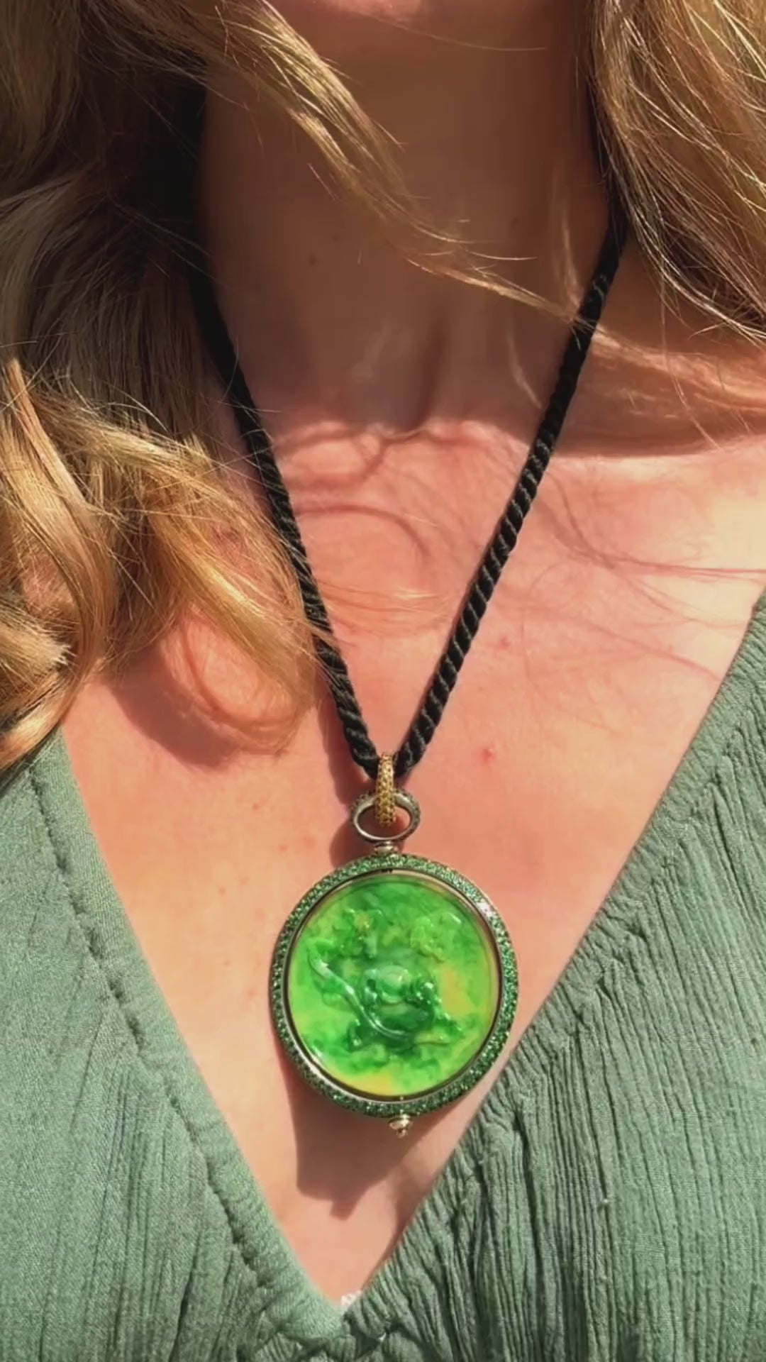 Reversible Jade Disc Pendant with Natural Yellow Sapphires and Tsavorites in 18ct Italian Gold