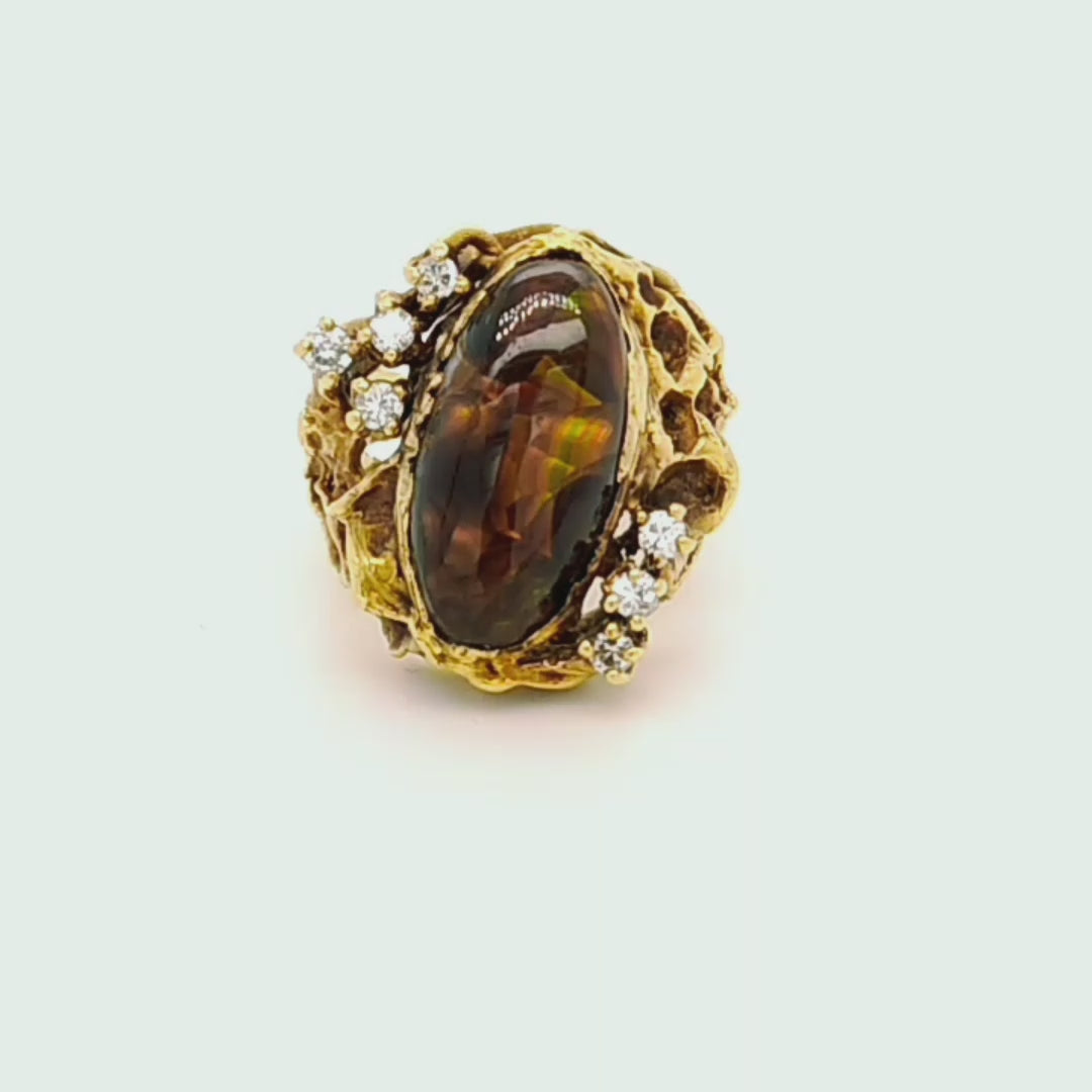 Vintage Modernist Cabochon Fire Agate and 18ct Yellow Gold Ring